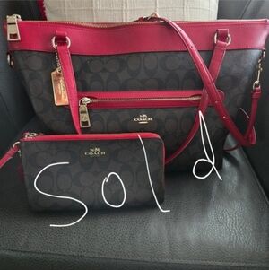 Coach Red and Brown Tote Bag and Wallet Set